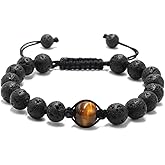 Tiger Eye Lava Stone Beaded Bracelets for Men - Onesmek Healing Crystal Tigers Eye Lava Rock Beads Bracelet for Essential Oil Diffuser, Handmade Gemstone Bead Bracelet Gifts for Stress Relief