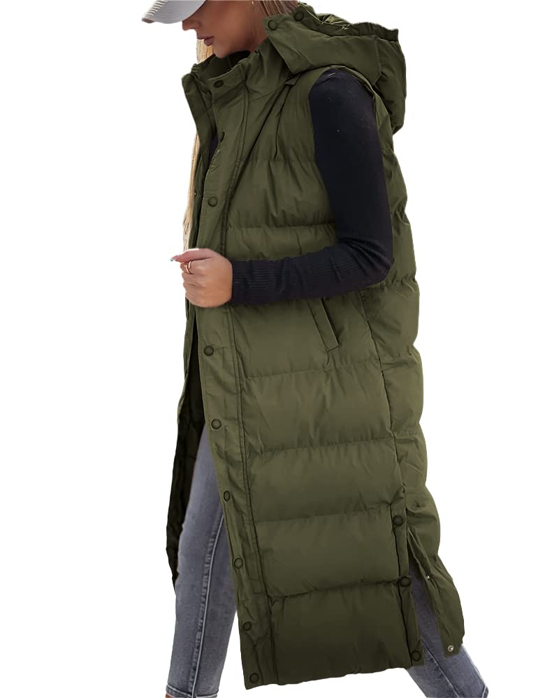 Photo 1 of Women's long Quilted Vest hooded Sleeveless Button Down puff vest cotton padded jacket winter coat
