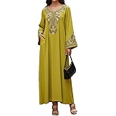 LAOMIT Women's Western Boho V Neck Maxi Dress Long Bell Sleeve Ethnic Floral Print Loose Flowy Long Dress