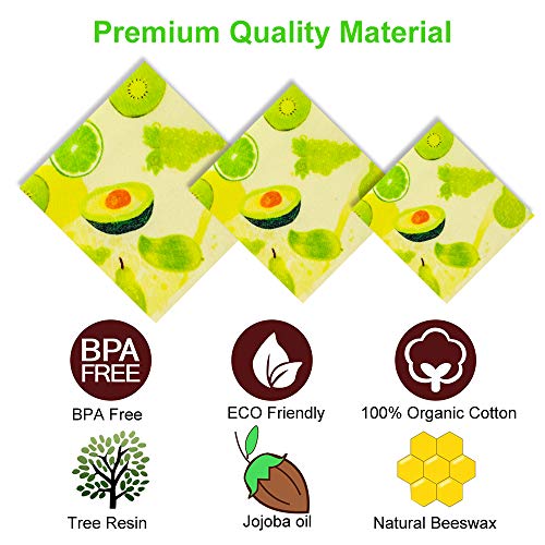 Reusable Beeswax Food Wrap 6 Pack & 3 Silicone Stretch Lids & 5 Food Bag Clips, Organic Eco Friendly Food Wraps, Sustainable Zero Waste Bees Wax Sandwich Wrappers Cling Wrap Cover for Food Storage