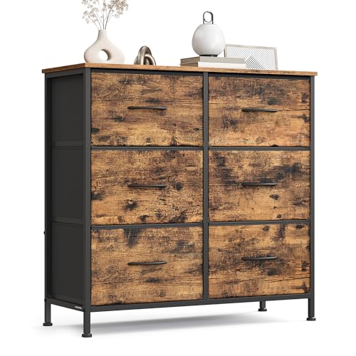 SONGMICS BELLAH Collection - Chest of Drawers, Steel, Bedroom, Wardrobe, Hallway, Living Room, 6 Drawers, Rustic Brown and Black Ink LGS123BH04