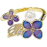 Dainty Wisteria Flower Cubic Zirconia Pearl Open Statement Ring for Women Fashion Chic Purple Enamel Floral Leaf Plants Wrap Band Finger Rings Adjustable Engagement Promise Wedding Comfort Fit Jewelry