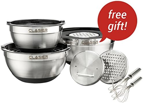 Clasier Mixing Bowls Set 3 Pieces (2, 3, 4.5, QT) With 2 Whisks &amp; 3 Graters | Stainless Steel Bowls WithMeasurements, Sealing Lids &amp; Non Slip Rubber Base| For Cooking, Storage, Camp, Salads, &amp; More