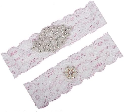 Women's Rhinestones Pearl White Lace Wedding Bridal Garter Belt Set For Bride L