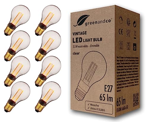 greenandco 8x dimmbare Vintage Design LED Birne zur Stimmungsbeleuchtung | E27 A60 | klar | 2,3W 65lm | 1800K extra warmweiß | 320° | 230V | flimmerfr