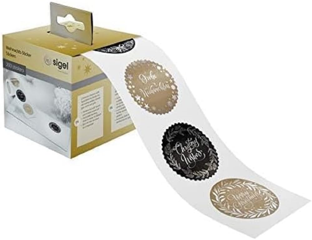 SIGEL CS120 Christmas Stickers on a roll "Christmas Lettering", 200 stickers, silver/gold/Black