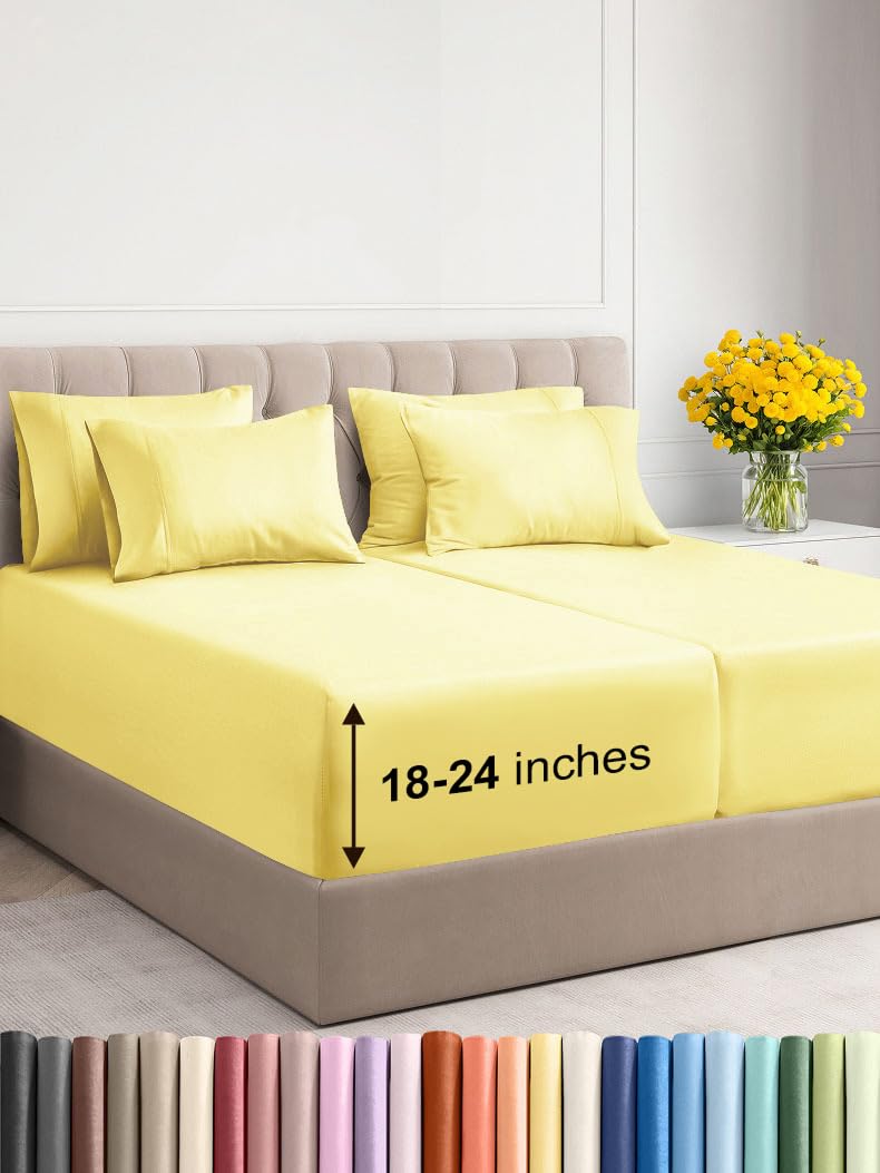 Photo 1 of Extra Deep Split King Sheet Set - 7 Piece Breathable and Cooling Sheets - Hotel Luxury Bed Sheets Set - Easy Fit - Soft, Wrinkle Free and Comfy Sheets Set - Yellow Sheet Set with Extra Deep Pockets