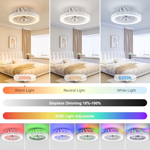 Ateroll Ceiling Fan with Lighting, Diameter 46 cm, RGB Ceiling Fan with Light and Remote Control, 6 Wind Levels, 3000 K - 6500 K, Dimmable LED, Quiet Timer, Ceiling Light with Fan for Bedroom, Living