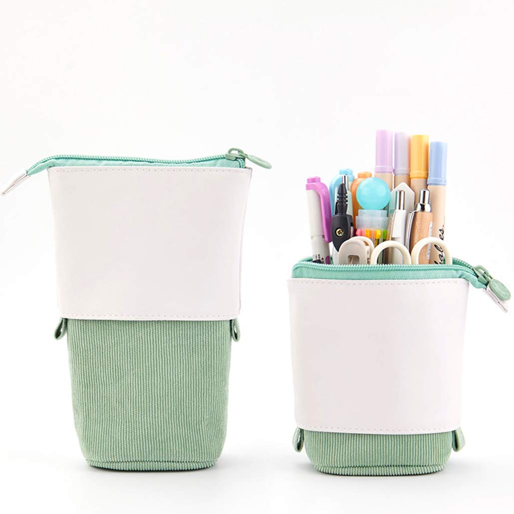 iSuperb Telescopic Pencil Case Stand up Pencil Holder Large Capacity Slider Pencil Pouch Pop up Pen Bag Aesthetic Corduroy Stationery Paint Pen Storage Case for Student Adult (Green)