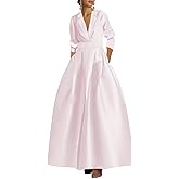 Winaiwi Long Sleeve Prom Dresses with Pockets Satin Evening Dress V Neck Ball Gowns for Women Formal