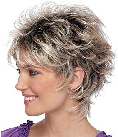 LANDI Wigs for White People - Short Curly Wigs Blonde Mix Red Hair Women's Wigs with Bangs Heat resistant Synthetic Full Wig