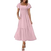 OFEEFAN Maxi Dresses Flutter Sleeve Smocked Dress Casual Summer Dresses Pink S