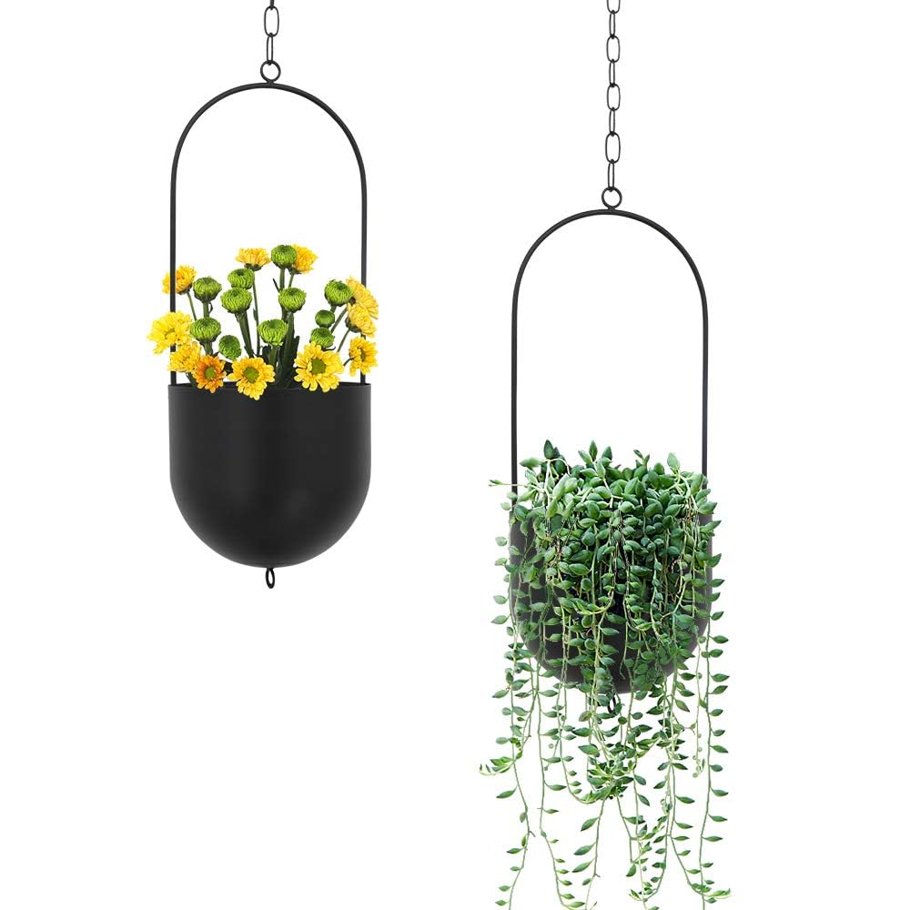 Photo 1 of 6.3 inch Black Oval Hanging Planter, Round Hanging-Plant-Pot Holder for Indoor Plants, Lightweight Double Ceiling Hanging Basin for Bedroom, Balcony, Windows