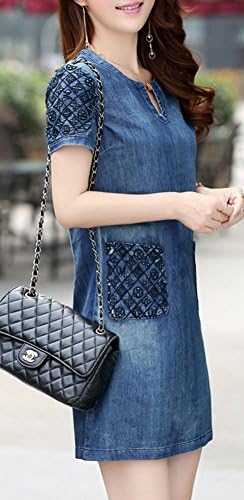 Difyou Women's Fray Slim Fit Pocket A Line Loose Denim Dress Blue