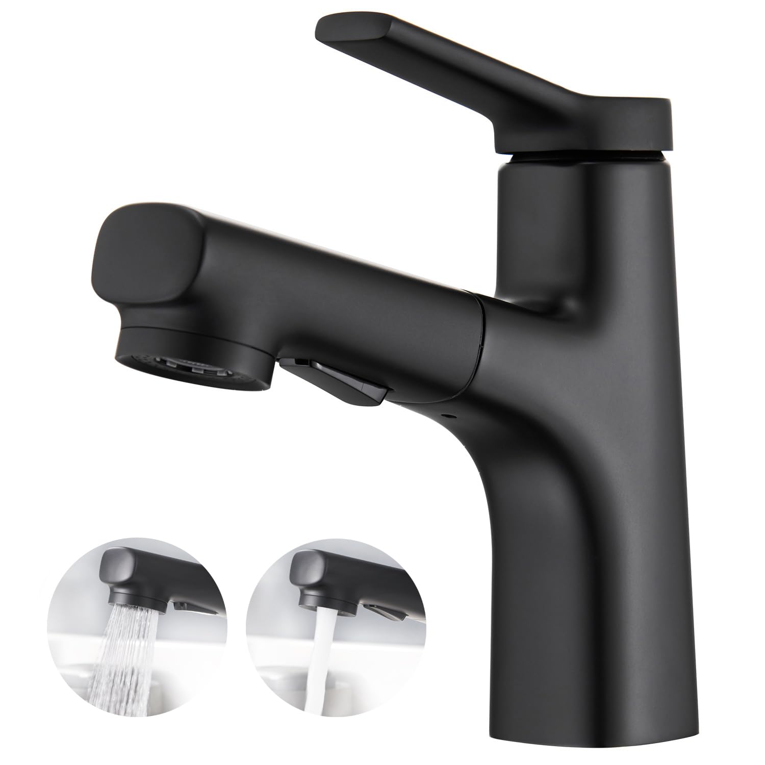 CREA Pull Out Bathroom Mixer Basin Tap, One Hole Monobloc Single Lever with Extendable 2 Functions Sprayer, Brass Chrome Matt Black, UK Standard