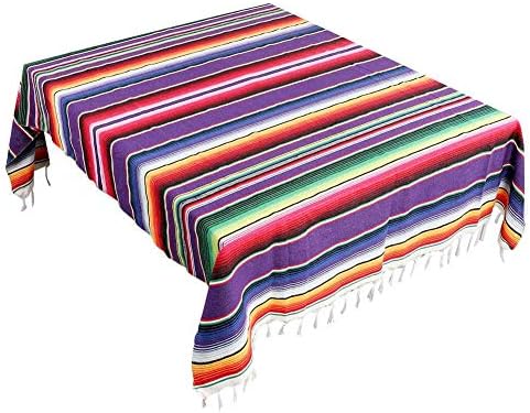 Mexican Serape Cotton Blankets Tablecloth Table Cover for Wedding Home Outdoor Party Decorations, Bright Colorful Fringe Stripe Throws Tapestry Blanket Picnic Mat Rug, Purple 59 x 84 inches