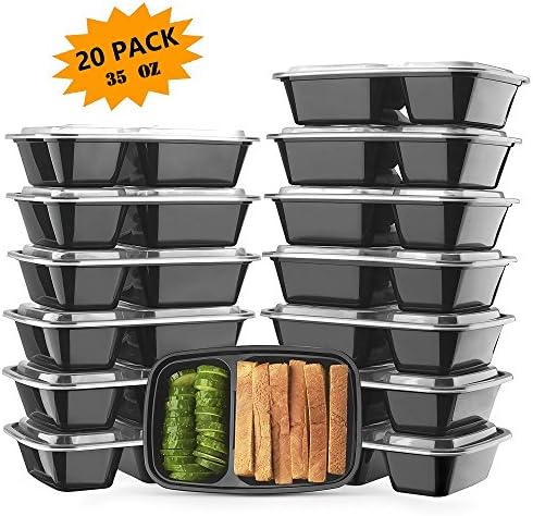 Meal Prep Containers, EPboru Sable 2 Compartment Bento Lunch 35 oz Boxes (20 Pack),Reusable Organization Cases, BPA Free (FDA, SGS &amp; LFGB Certified, Heat and Cold Resistant, Stackable for Storage)