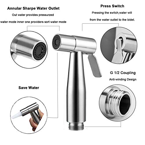 Hltd Hand Held Bidet Toilet Sprayer Kit Stainless Steel Cloth Diaper Sprayer Shattaf Bathroom Handheld Shower Nozzle Head Set with 49-inch Hose and Bracket Holder
