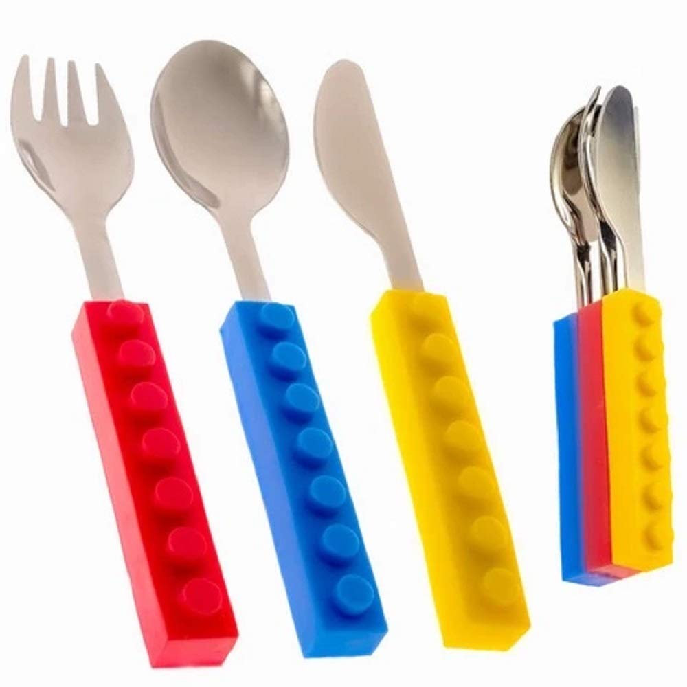 Bright Colourful Snack & Stack Cutlery Set for Children with Knife Fork & Spoon. 3 Piece Stacking Blockware Dining Utensils in Stainless Steel. Fun Blocks Play at Dinner. Silicone Handle Tableware