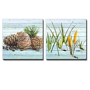 Pine Cones and Seeds Along with Yellow Flowers Blooming on The Snow Over Wooden Panels - Canvas Art Home Art - 12x12 inches