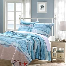 AD 3 Piece Blue Nautical Full Queen Quilt Set, White Sand Nature Coastal Beach Theme Bedding, Turquoise Waves Star Fish… 51lw3c5Rm6L