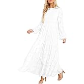 MITILLY Women's Elegant Floral Long Sleeve Round Neck Smocked A-Line Flowy Tiered Maxi Dress with Pockets