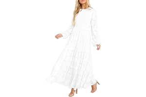 MITILLY Women's Elegant Floral Long Sleeve Round Neck Smocked A-Line Flowy Tiered Maxi Dress with Pockets