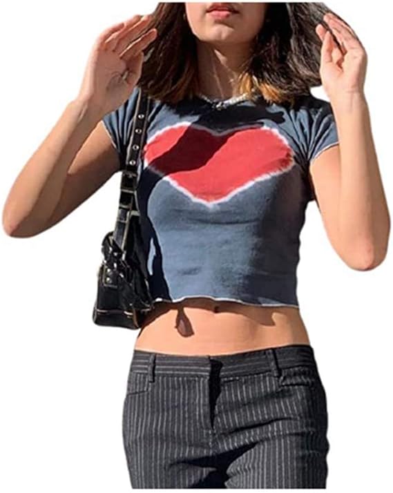 Women's Graphic Print Crop Top Y2K Round Neck Short Sleeve Cropped Sumer Shirt for Teen Girls 