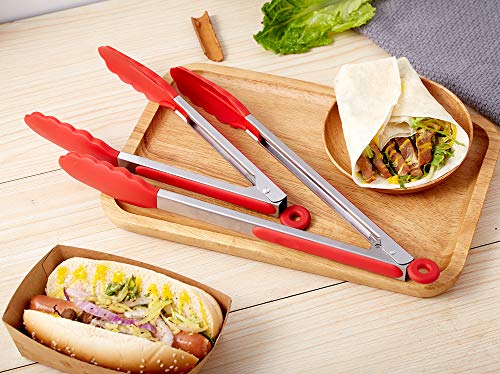 HiramWare Kitchen Tongs Set of 2 - 9 inch & 12 inch - Stainless Steel Food Tongs with Silicone Tips - Premium Locking Non-stick Tongs for Cooking, BBQ, Grilling, Salad - Heavy Duty, BPA Free(Red)