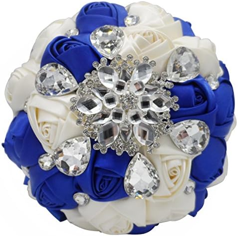 Amoleya 7 Inch Customization Romantic Royal Blue Wedding Bride Holding Bouquet with Satin Roses and Rhinestones