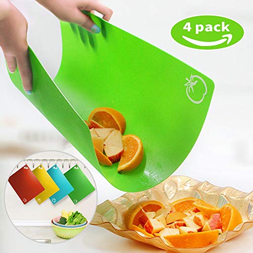 Cutting board, JUSHOOR,Extra Thick Flexible Plastic Kitchen Cutting Board Mats Set, Set of 4 Colored Mats With Food Icons & Easy-Grip Handles, BPA-Free, Non-Porous, Dishwasher Safe