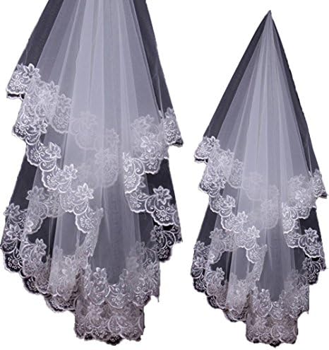 PEBridal 1.5m Wedding Veil Embroidered Lace Applique Edge Bridal Veils (White)