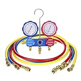 Flexzion Manifold Gauges Set Fits R410a R22 R404a R134a - AC Repair Diagnostic Charging Auto Tool Kit with 3 x 5ft Hoses, Brass Coupler Adapter for Air Refrigerant Service Vacuum HVAC Freon