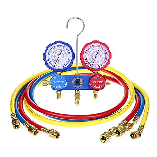 Flexzion Manifold Gauges Set Fits R410a R22 R404a R134a - AC Repair Diagnostic Charging Auto Tool Kit with 3 x 5ft Hoses, Brass Coupler Adapter for Air Refrigerant Service Vacuum HVAC Freon