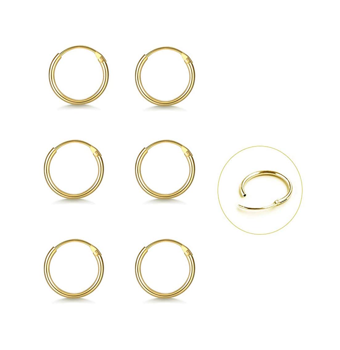 Gulicx 3 Pairs 10mm Silver 14K Gold Small Hoop Earrings Set for Women Men Girls, Hypoallergenic 925 Sterling Silver Unisex Endless Cartilage Sleeper Hoop Earrings, Tragus Earring Hinged Nose Lip Rings