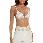 materasu Women's Long Sleeve Mesh Top Mock Neck Sheer Blouse See Through Floral Lace Tops