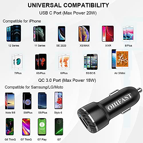 OHIFAST 20W USB C Car Charger Compatible for iPhone 14 Pro Max/Mini/13/12/11/XS/X/XR/8/Plus/SE/iPad/Air 3 Type C Automobile Charger Adapter, PD&QC3.0 Dual Fast Charging Port for Car with 3FT Cable