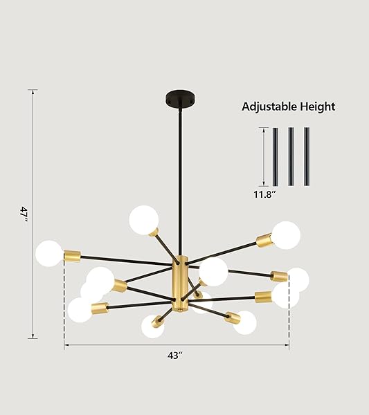 AMZASA SPUTNIK CHANDELIERS CEILING LIGHT FIXTURE, 12 LIGHTS MODERN FARMHOUSE CHANDELIER BLACK AND GOLD MID CENTURY PENDANT LIGHT FOR DINING ROOM, LIVING ROOM, KITCHEN ISLAND ENTRYWAY FOYER, UL LISTED
