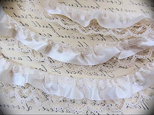 5 Yard Ivory Satin French 2 Layer Ruffle Floral Ribbon Lace Trim Embroidery Applique Material Grosgrain Delicate DIY Artwork Craft Provide for Scrapbooking Reward Wrapping Stitching Gown (T39) T68