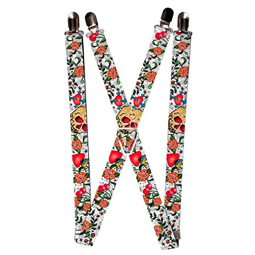 Skull Cross heart Flowers Floral Collage Suspenders