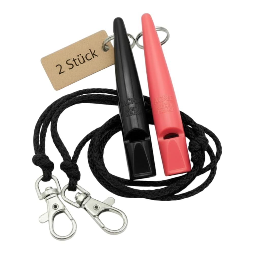 ACME Dog Whistle No. 210.5 with Whistle Band | Double Pack | 2 Whistles Including 2 Bands | Ideal for Recall - Loud and Far-reaching (Black + Coral Red)