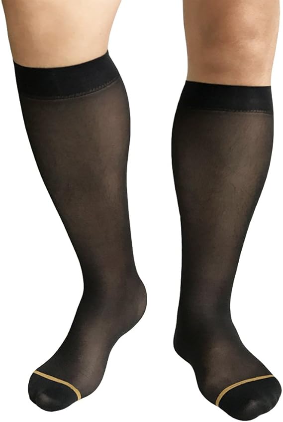 3Pairs Men's Over The Calf Black Nylon Sheer Dress Socks (Yellow Circle