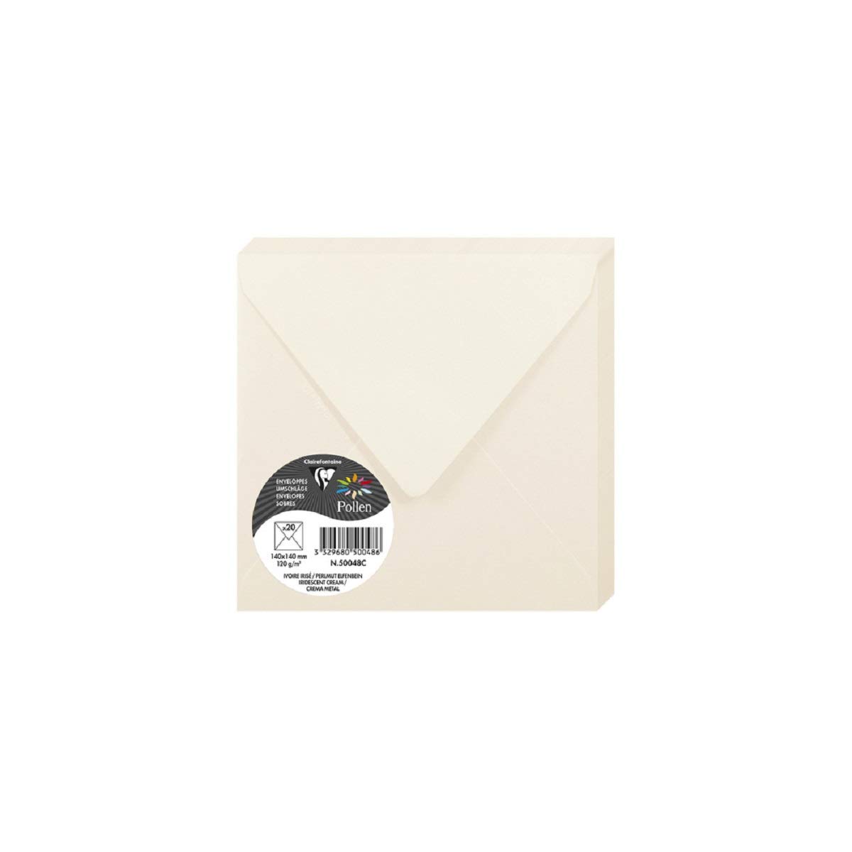 Clairefontaine 50048C Iridescent Cream Paper Pack of 20 Gummed Envelopes Square (14x14cm) 120gsm Invitation Events Correspondence Pollen Range Premium Smooth