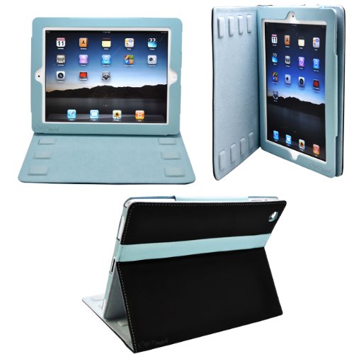 Ionic 2-Tone Designer Leather Case Cover with stand and Sleep/Wakeup support for Apple iPad 2, iPad 3, iPad 4, iPad 2nd, iPad 3rd, iPad 4th Generation AT&T Verizon 4G LTE (Black/Blue). Automatically Wakes and Puts iPad 3 to sleep. Ships with Screen Protector.