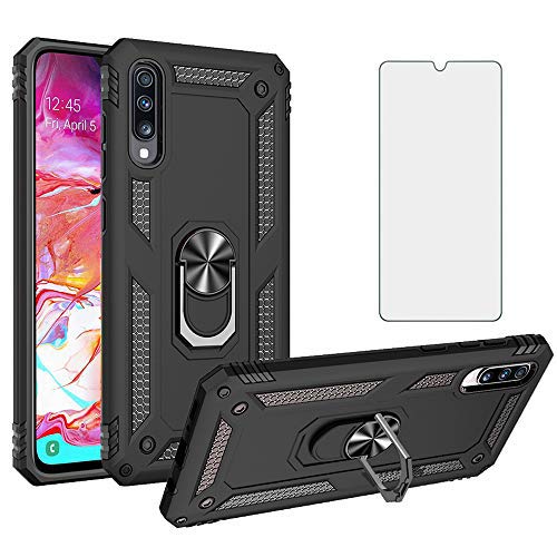 Phone Case for Samsung Galaxy A70/A70S with Tempered Glass Screen Protector Cover Magnetic Stand Ring Holder Accessories Heavy Duty Rugged Protective Shockproof Hard Bumper SM-a705fn/ds 70A A 70 Black