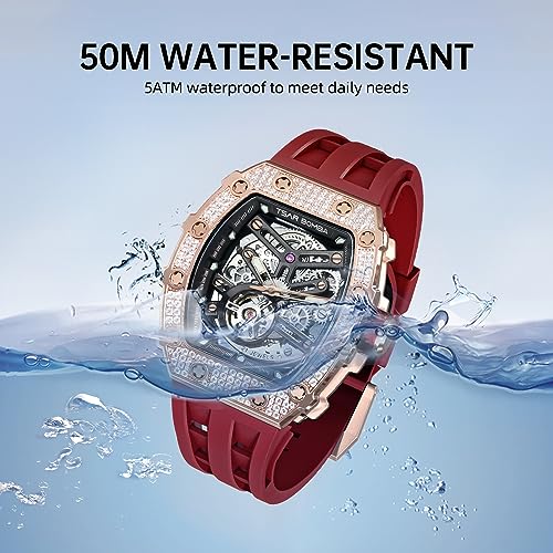 TSAR BOMBA Men's Automatic Watch Skeleton Watch Luxury Barrel Mechanical Watch 50m Waterproof Analog Watch