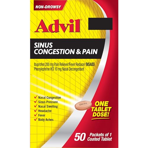 ADVIL SINUS CONGESTION AND PAIN, SINUS RELIEF MEDICINE, PAIN RELIEVER AND FEVER REDUCER WITH IBUPROFEN AND PHENYLEPHRINE HCL – 50 COATED TABLETS