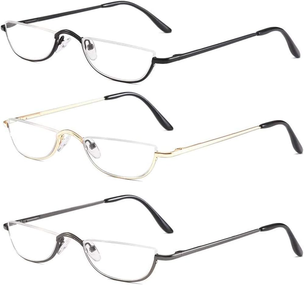 KoKoBin 3 Pack Half Frame Reading Glasses Spring Hinges for Men Women Slim Half Moon Lens Readers Metal Semi Rimless Eyewear +1.5