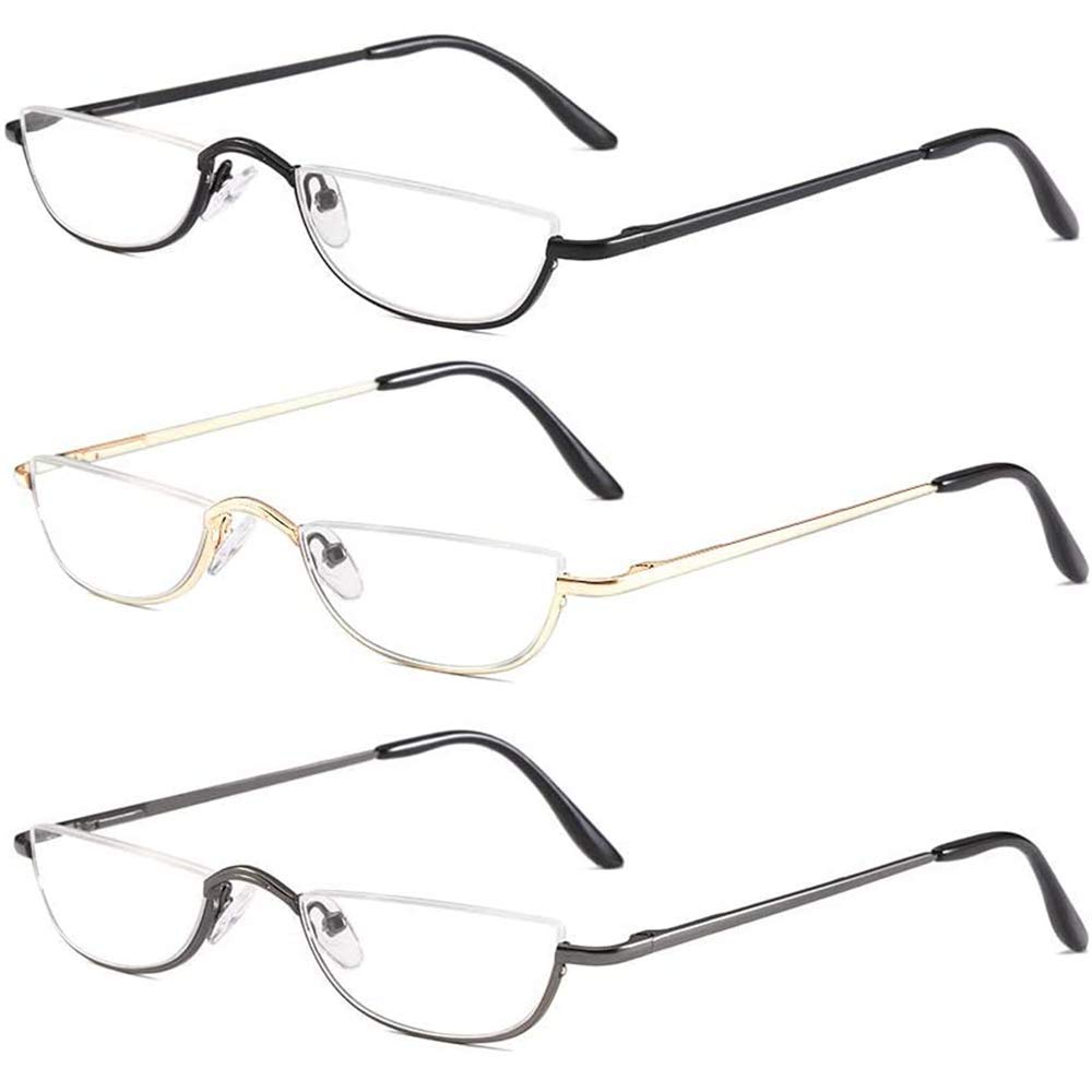 KoKoBin 3 Pack Half Frame Reading Glasses Spring Hinges for Men Women Slim Half Moon Lens Readers Metal Semi Rimless Eyewear +2.5