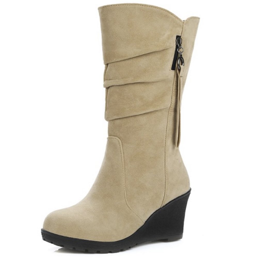 COOLCEPT Women Fashion Wedge Heel Pull On Mid Calf Boots